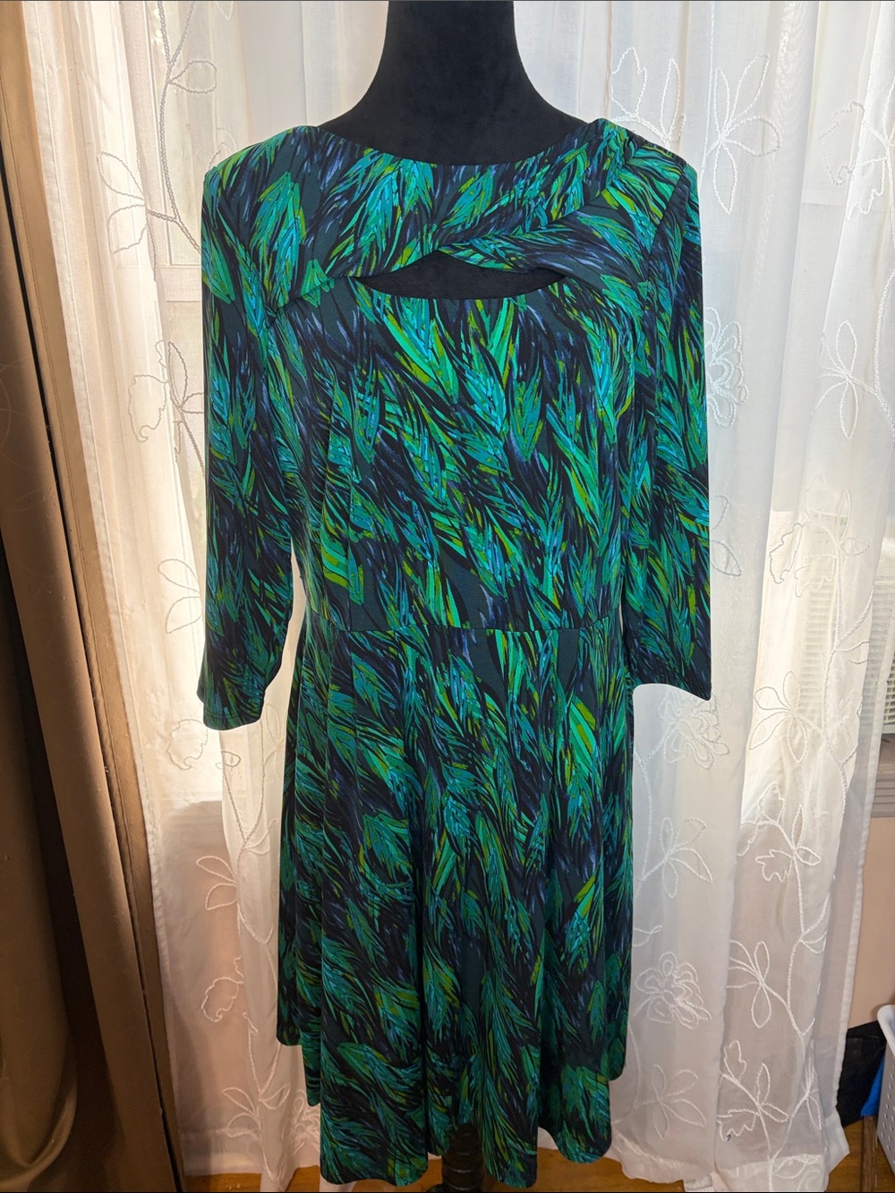Chetta B Green & Blue Printed Long Sleeve Fit-and-Flare Dress 14